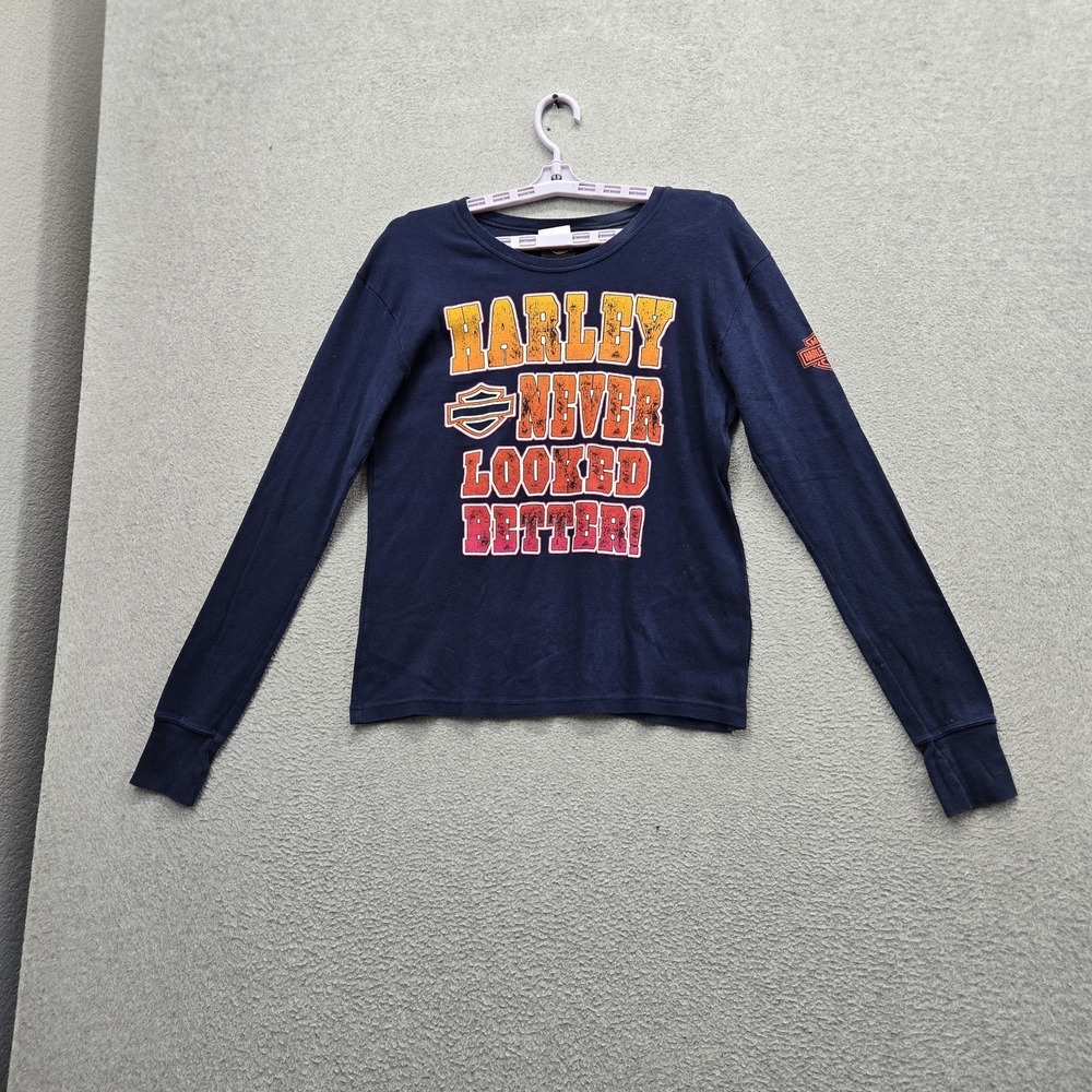 VINTAGE Harley-Davidson Women Shirt LARGE Navy Skayway Alaska Chilkoot Pass